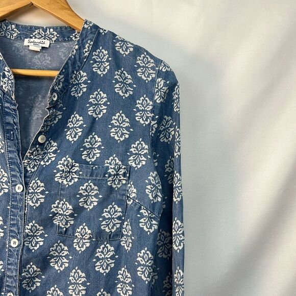 Splendid blue white floral print denim long sleeve button up shirt EUC size S - Picture 3 of 10